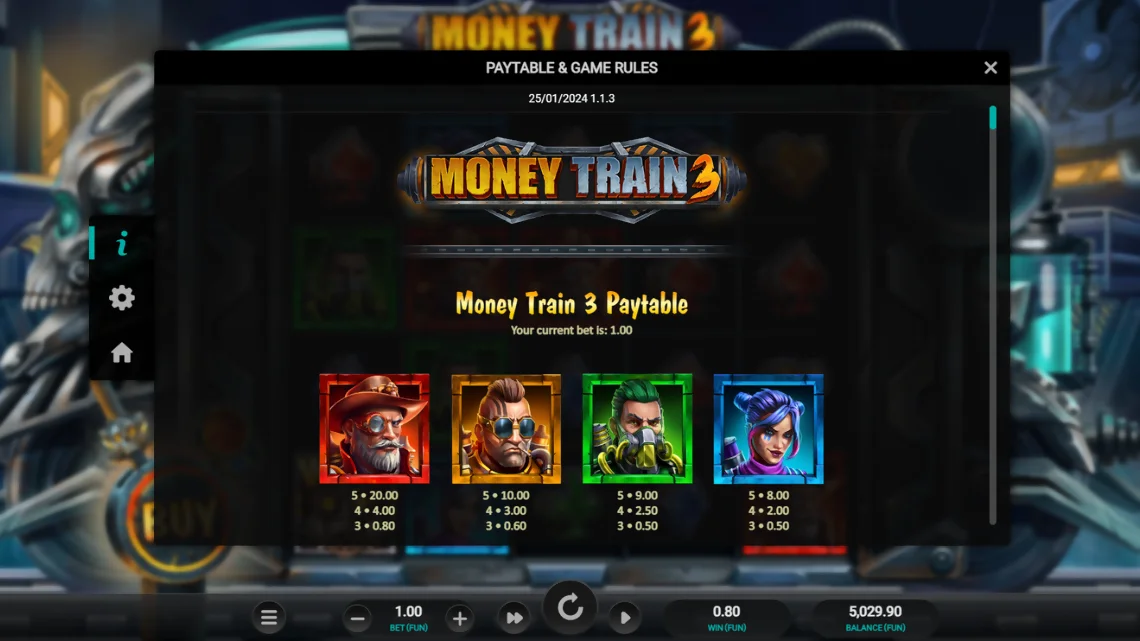 Money Train 3 symbols and paytable